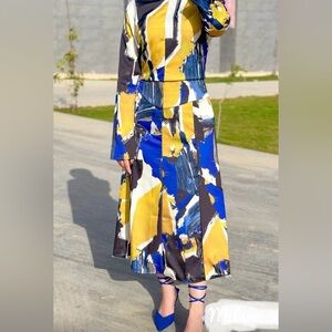 Milano Abstract Print Dress - Blue, Yellow, Black